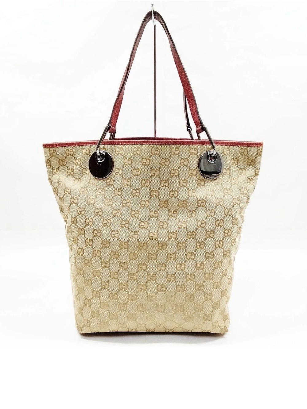 Authentic Gucci GG Canvas Tote Bag Beige Monogram Burgundy Leather Shoulder Bag